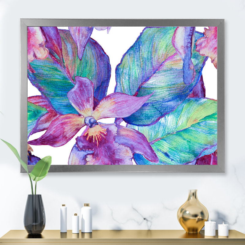 Turquoise et orchidée mauve - peinture sur toile, H 12 po x l 20 po, Cadre photo argenté