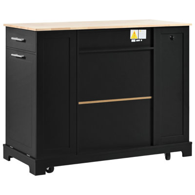 Fluted Kitchen Island With Trash Can Storage Cabinet, Power Outlet, Internal Storage Rack, Rolling Kitchen Islands On 5 Wheels With 3 Drawer, 3 Open Side Racks For 10 Gallon Garbage Bin