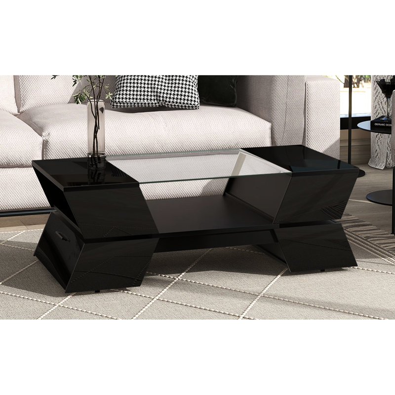 Table basse géométrique 2 avec verre noir de 6 mm et fonction de rangement