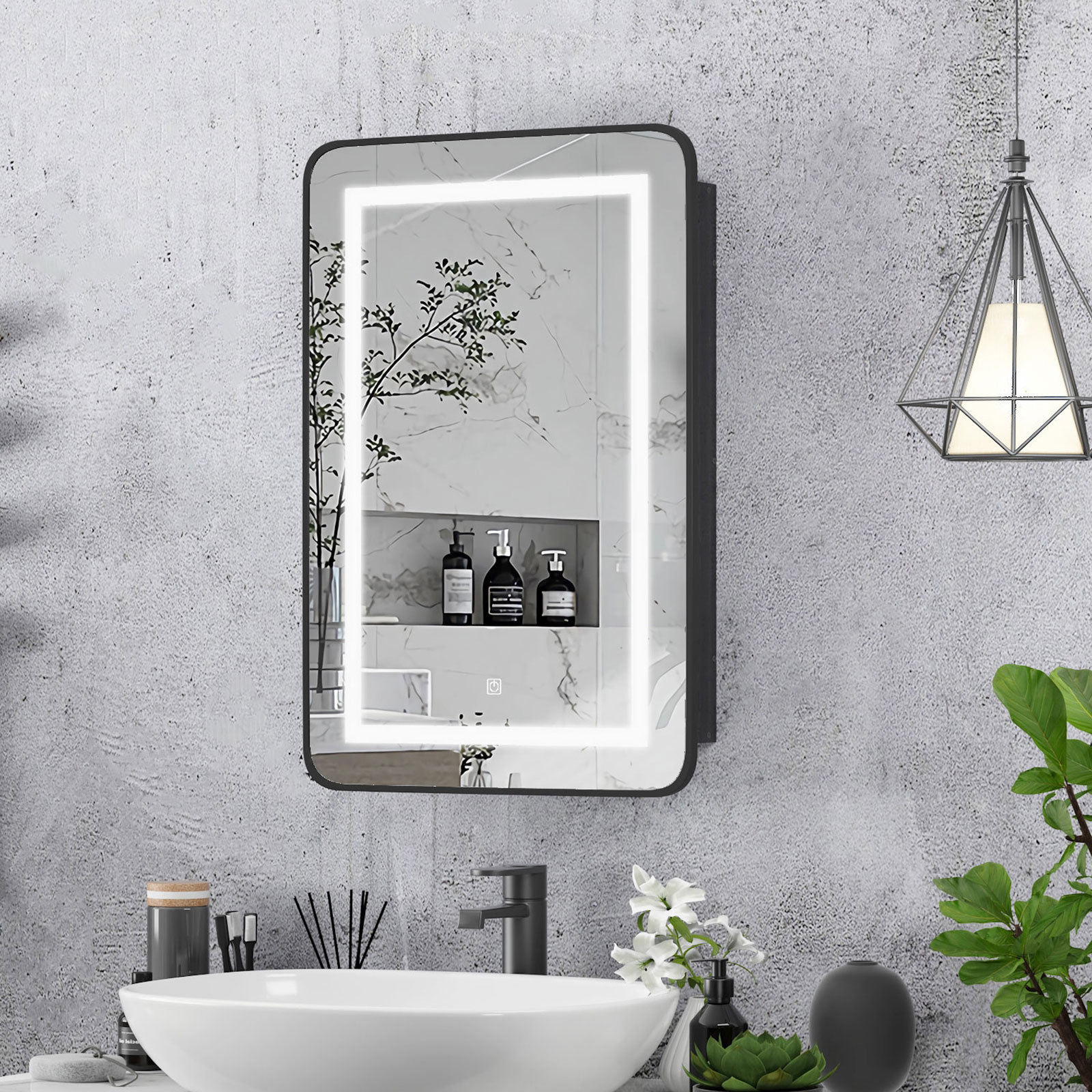 Wrought Studio™ Black Bathroom Mirror Medicine Cabinet with Round Corner Framed Door, Recessed ...