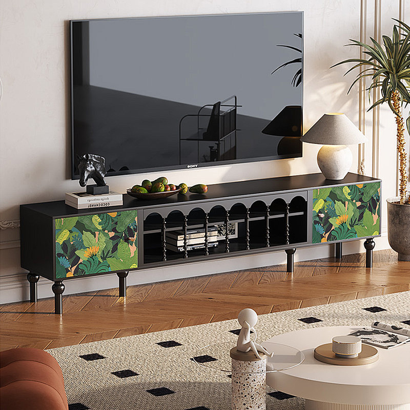 Meuble télé avec rangement peint français rétro, H 21,26 po x L 86,61 po x l 15,75 po, Noir