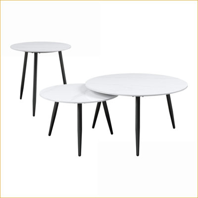 Ensemble de tables basses 3 pièces Modern avec plateau en pierre frittée blanche et pieds en métal noir, peu encombrant