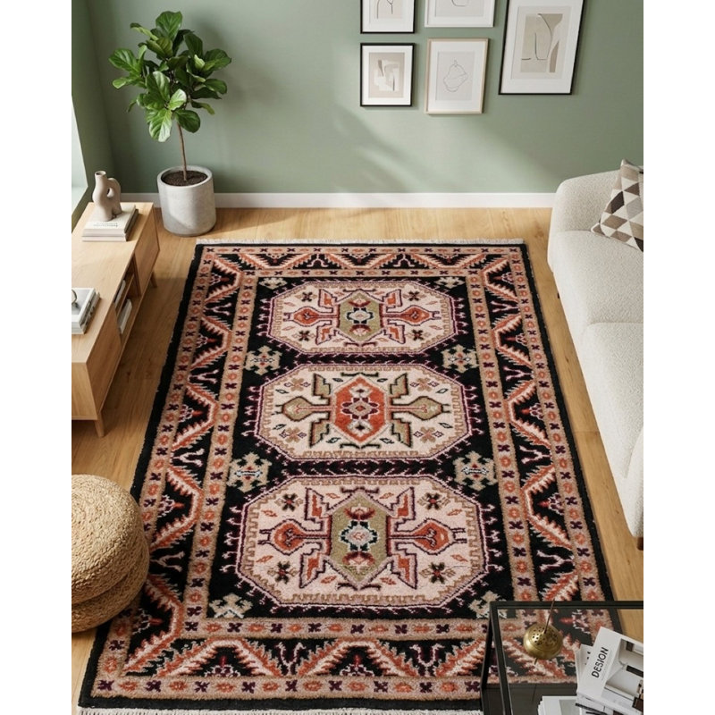 Tapis d'intérieur rectangulaire noir noué à la main en soie et laine noir crème, Rectangle 10 pi x 13 pi