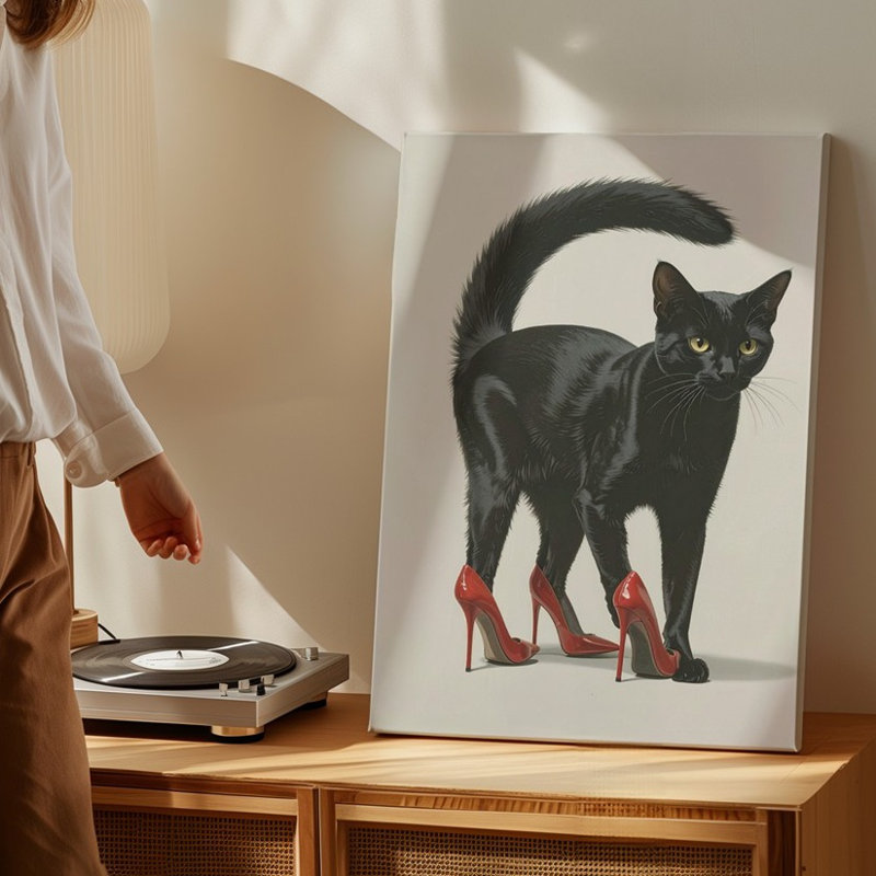 «High Heeled Attitude Stylish Black Cat In Red Stilettos Confidence», impression sur toile murale prête à être accrochée à la galerie