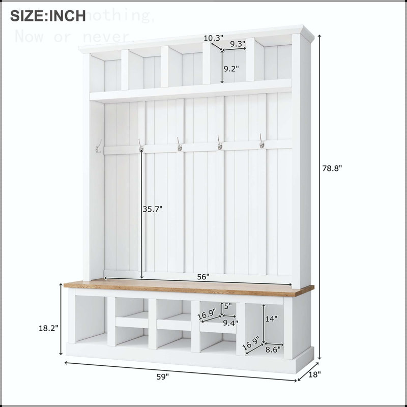 3-in-1 Wooden Hall Tree with Wide Storage Bench and 6 Hooks, White