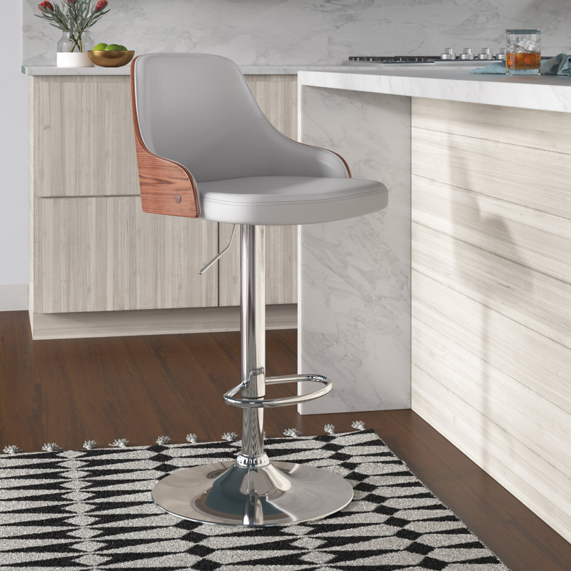 Aurick Faux Leather And Iron Adjustable Height Swivel Bar Chair, Gray 1, Chrome, Walnut