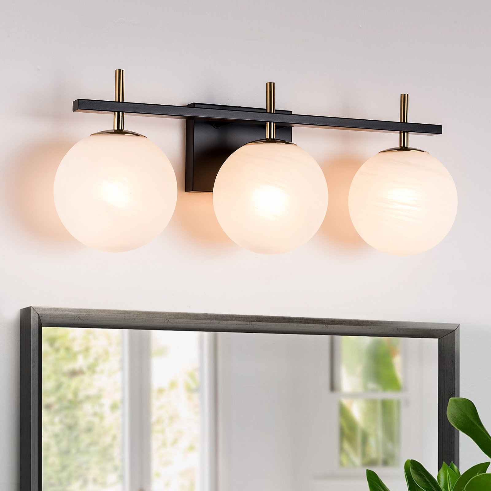 Bathroom Vanity Light With Round Shape Cloud Glass Shade, Matte Black/ Polished Gold, 3