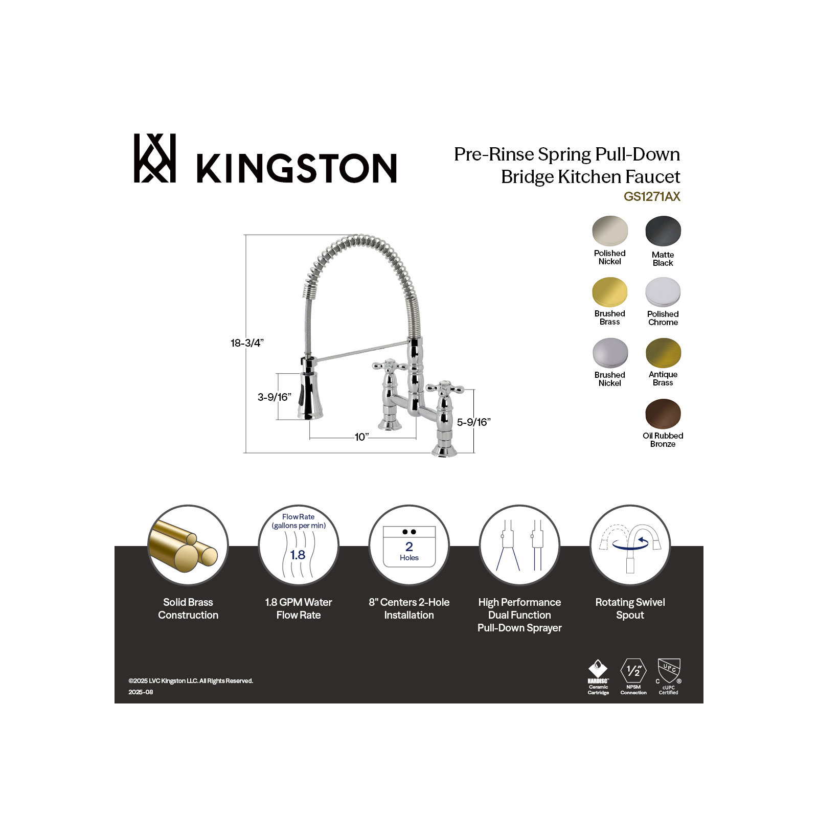 Kingston Brass Heritage Double-Handle 2-Hole Deck-Mount Pre-Rinse Bridge Kitchen Faucet, Matte Black