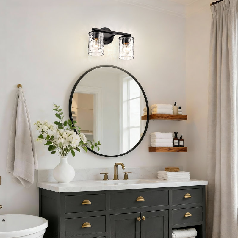 2 lumières 13 po Éclairage pour meuble-lavabo noir mat avec abat-jour en verre transparent martelé, Noir mat, Deux lumières