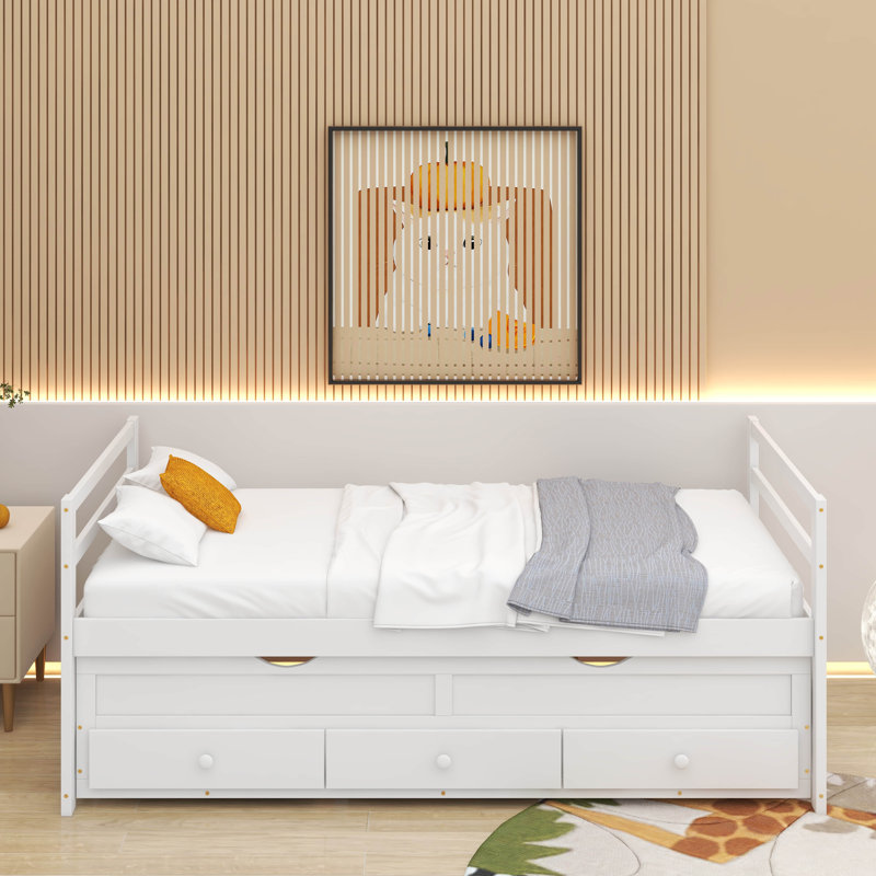 Lit simple avec tête de lit, pied de lit, lit gigogne et trois tiroirs de rangement, lit simple en bois de pin avec tête de lit et pied de lit