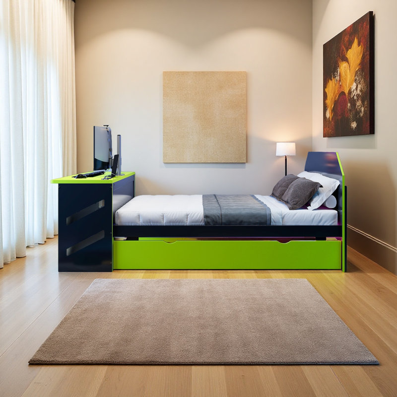 Lit de jour double avec lit gigogne simple, bureau et port USB, Vert
