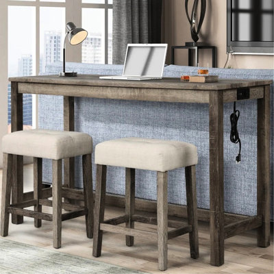 Rustic 3 Piece Bar Dining : Solid Wood Table With Electric Outlet, 2 Beige Cushioned Stools For Intimate Gatherings Counter Electrical In Transitional Design Family