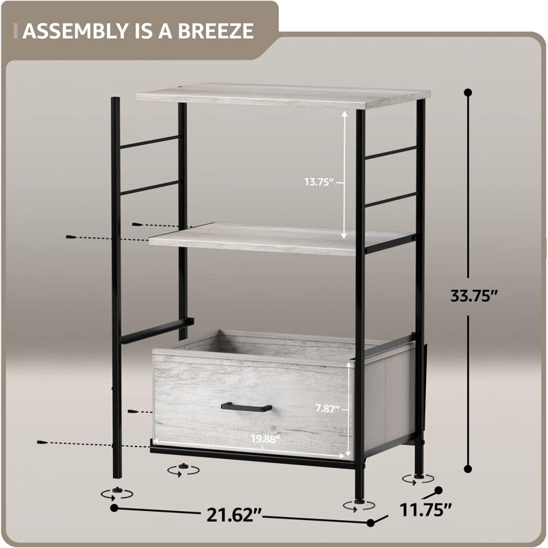 Sorbus 2 Drawers and Shelves Nightstand with Steel Frame, Wood Top & Fabric Bins in Rustic - Cream, Cream