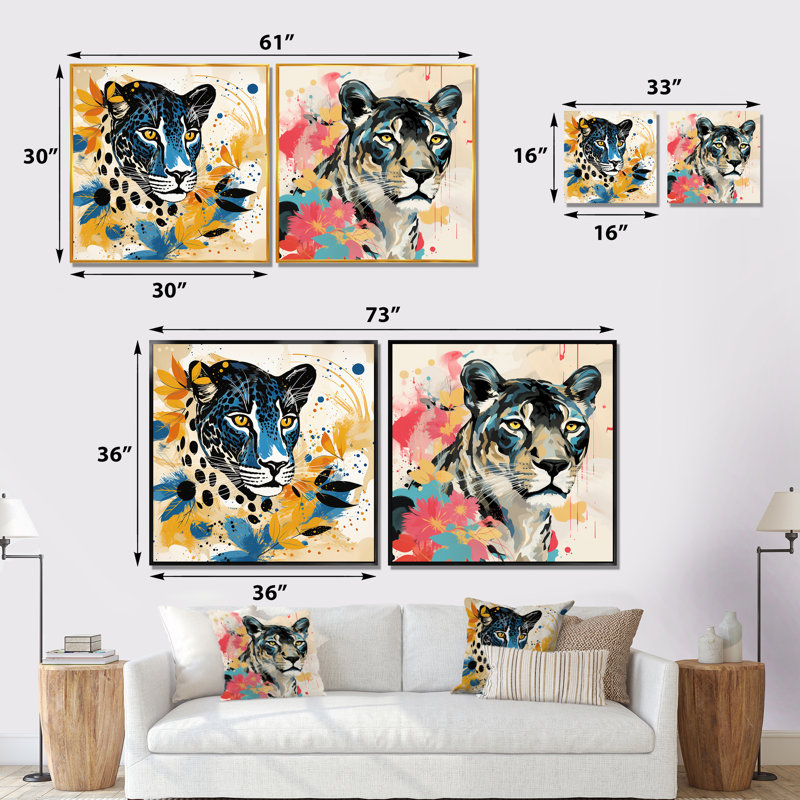 Collage de léopard jaune et bleu IV - ensemble de 2 impressions sur toile léopard, Cadre blanc, H 16 po x l 33 po x P 1 po
