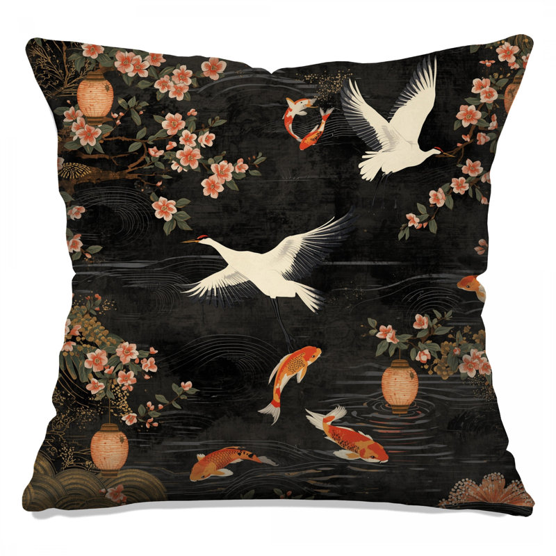 Coussins Cranes And Koi Fish, 14 X 14 pouces