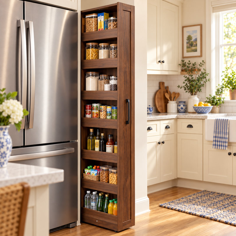 Armoire de rangement coulissante à 7 niveaux avec rangement pour garde-manger étroit, Brun