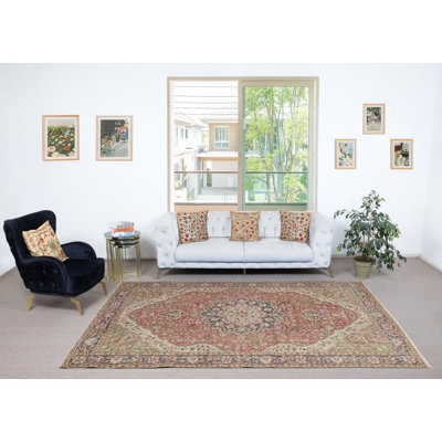 Tapis rouge turc 6,8 x 10,2 pi pour décoration de salon. Tapis en laine noué à la main avec motif médaillon