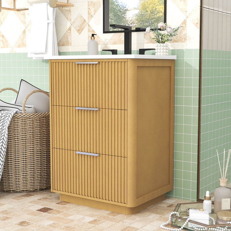 Meuble-lavabo moderne de 24 pouces avec lavabo en céramique et 3 tiroirs de rangement