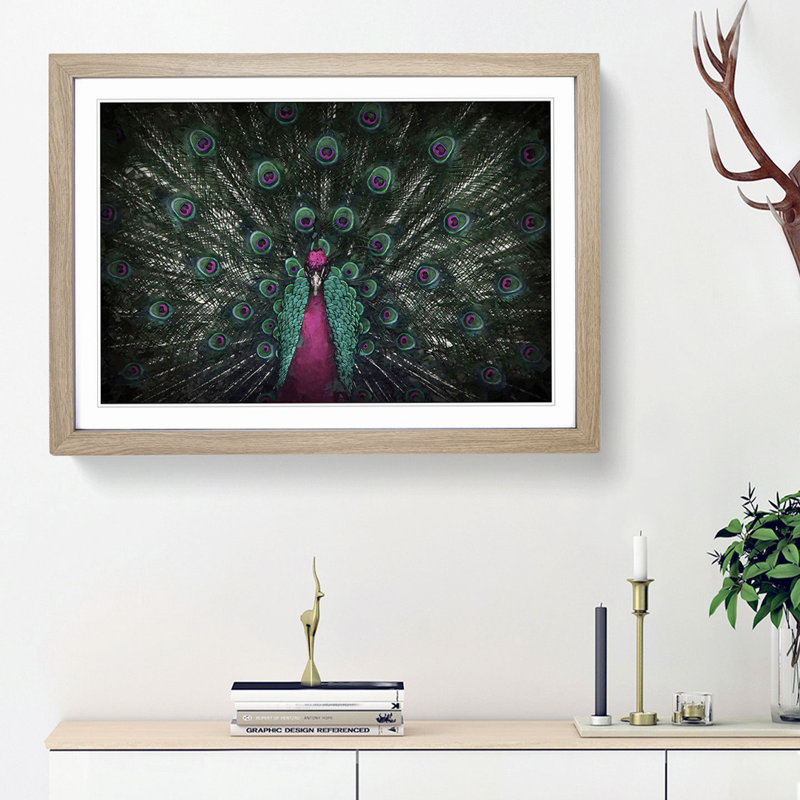 Mesmerising Pink & Green Peacock - Picture Frame Graphic Art Print, 27cm H x 36cm W x 2cm D, Oak Framed
