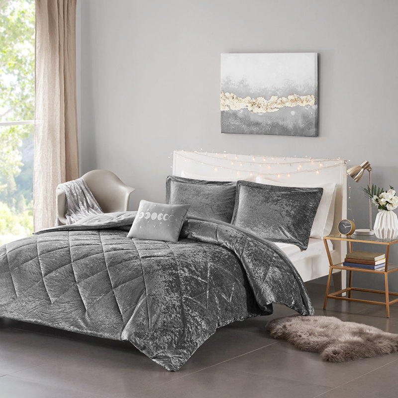 Édredon en velours gris Enchanting, Édredon pour lit double / grand lit + 3 pièces s, Gris