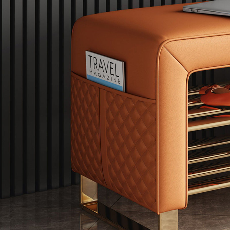 Orange Upholstered Leather Storage Entryway Bench, Orange