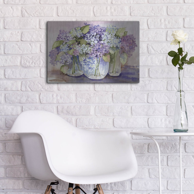 «Hydrangeas In Glass» par Kathleen Parr, art mural en métal, H 16 po x l 24 po