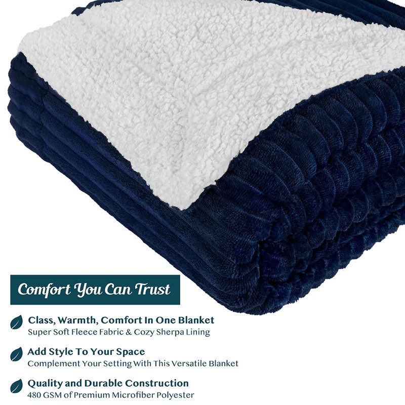 Navy Blue Reversible Sherpa Fleece Throw Blanket