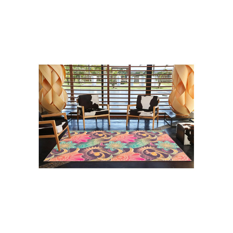 Colorful Leaf Patterned Modern Decorative Machine Washable Rug, Square 3'11" Rug Pad Included