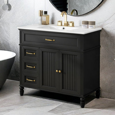 Stylish 36" Bathroom Vanity With Smooth Ceramic Sink And Drawers, Black
