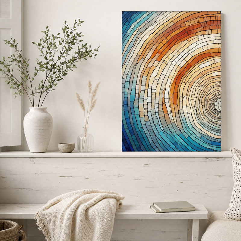 Tableau abstrait en mosaïque en spirale bleue et orange sur toile, 24"H x 16"W