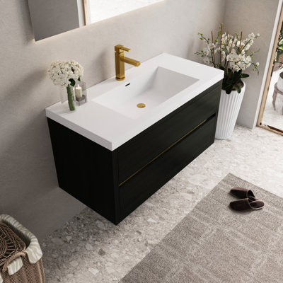 Meuble-lavabo de 42 po avec lavabo et armoire flottante, comptoir en résine de pierre, tiroirs à fermeture en douceur, bois, pré-assemblé, fonction de charnière lisse, lavabo à utilisation silencieuse sécuritaire, rangement facile, espace généreux