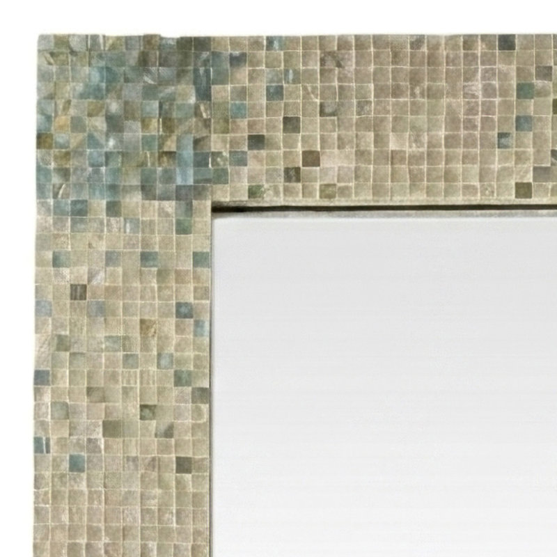 Mother of Pearl Shell Handmade Mosaic Room Wall Mirror with Blue Corners, 70.13"  x 35.5" 