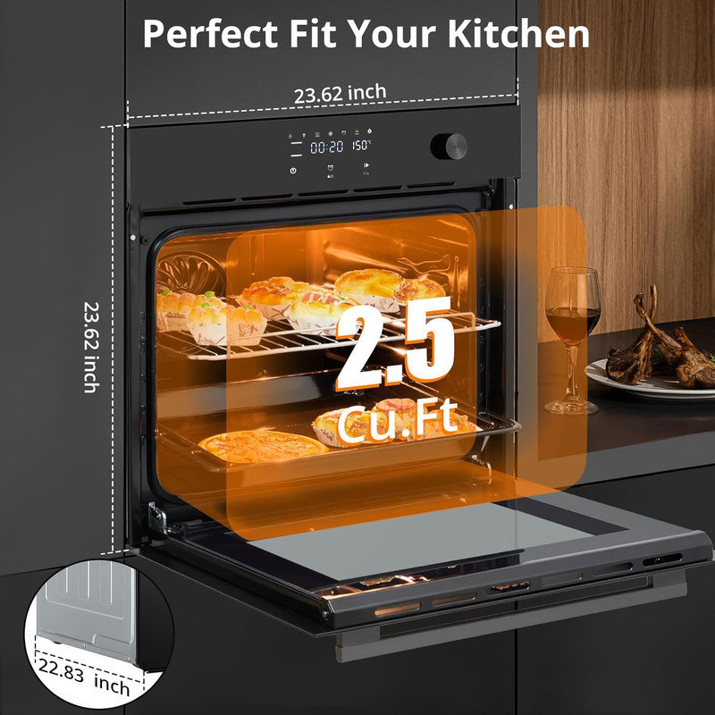 Four électrique encastré 24 po - Four mural simple à convection avec 8 modes de cuisson, 108 menus intelligents, capacité de 2,5 pieds cubes, acier inoxydable, commande tactile, minuterie, verrouillage de sécurité, 3000 W, 240 V