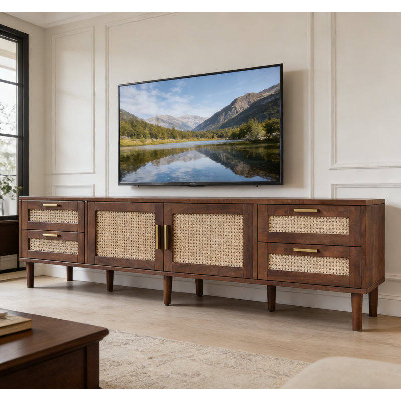 Meuble télé 78,7 po pour téléviseur de 85 po ou moins, console multimédia moderne avec portes tissées et 4 tiroirs, brun foncé