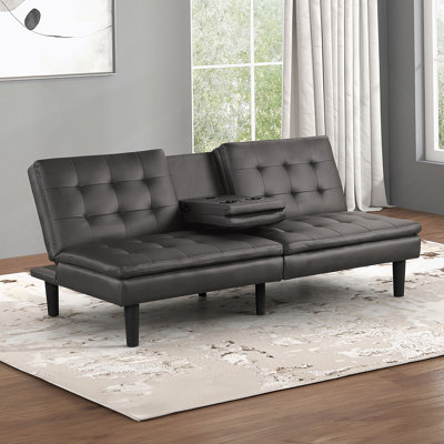 Contemporary Futon Sofa Bed With Gray Finish, Biscuit Tufting, Drop-Down Table, And USB Chargers For Modern Living