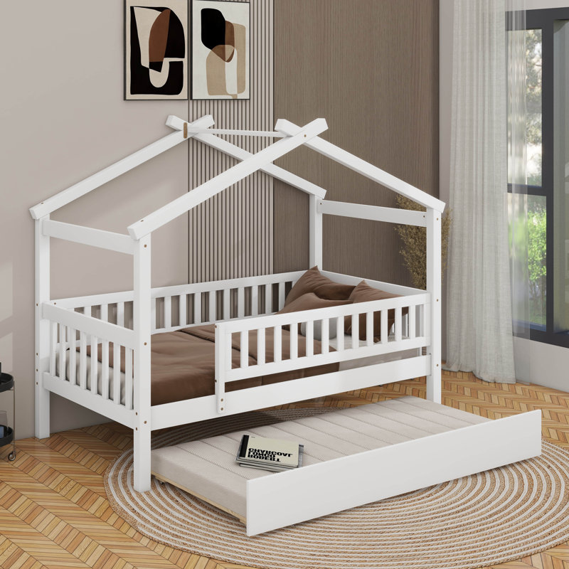 Twin wooden house bed with trundle, Blanc