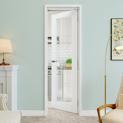 Porte pré-suspendue intérieure 24 po x 80 po en verre transparent 1-Lite avec levier incurvé et charnières argentées, plaque de porte en verre transparent, pouvant être peinte et imperméable, combinaison pour la lessive, portes de placard, portes de pièce, droite