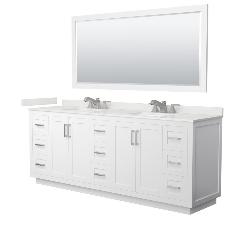 Ensemble de meuble-lavabo double autoportant 84 po avec plateau en quartz Miranda, Quartz blanc, Nickel brossé, Blanc