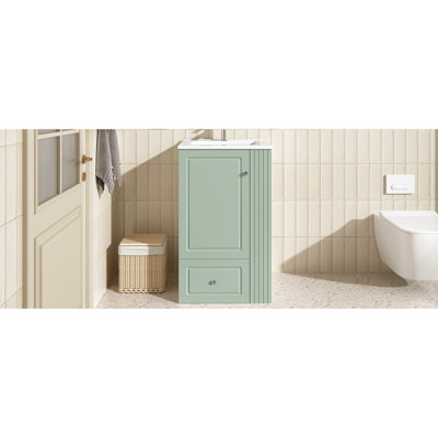 Meuble-lavabo autoportant compact de 20 po avec lavabo en céramique, armoire et porte lisse pour un rangement pratique, trou de robinet simple de salle de bain moderne de 20 po, tiroir à fermeture en douceur, tablettes ouvertes, petits espaces de bar en bois de pin