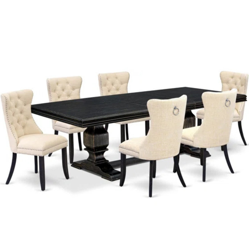 L'ensemble de salle à manger 7 pièces se compose d'une table et de 6 chaises de cuisine en tissu de polyester beige clair avec dossier capitonné à boutons - finition noire sablée.