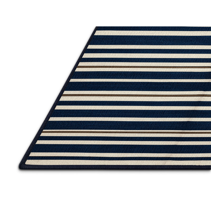 Washable Dark Blue White Striped Area Rug, Round 4'