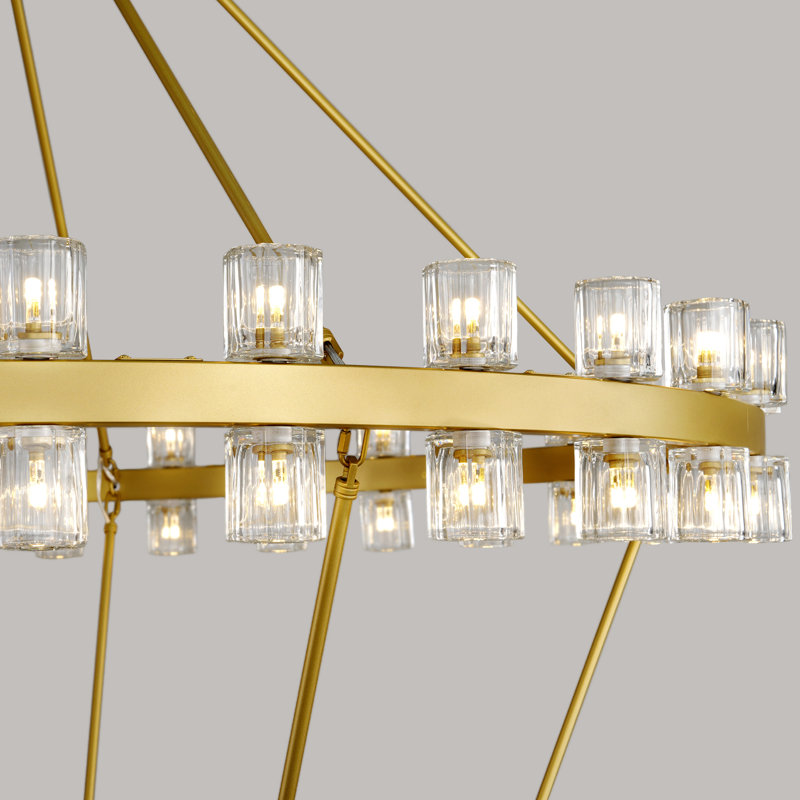 Lustre en forme de roue de chariot de 152 cm avec abat-jour en cristal, H 55,1 po x l 59,8 po x P 59,8 po, Gold