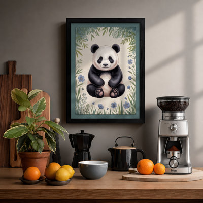 Young Panda Among Flowers Botanical - Framed Print