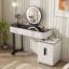 Bureau de coiffeuse avec plateau en verre, espace de rangement multifonctionnel et miroir rond