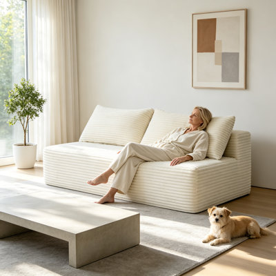 58" 2-seat cloud sectional couch with plush fabric and cup holder, no assembly for living room, white