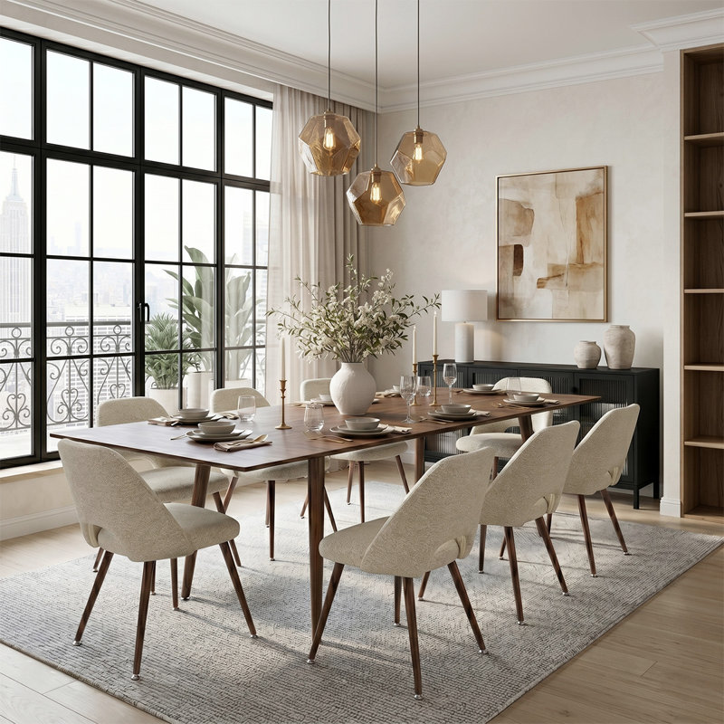 9-Piece Extendable Dining Table Set with Upholstered Side Chairs, Beige
