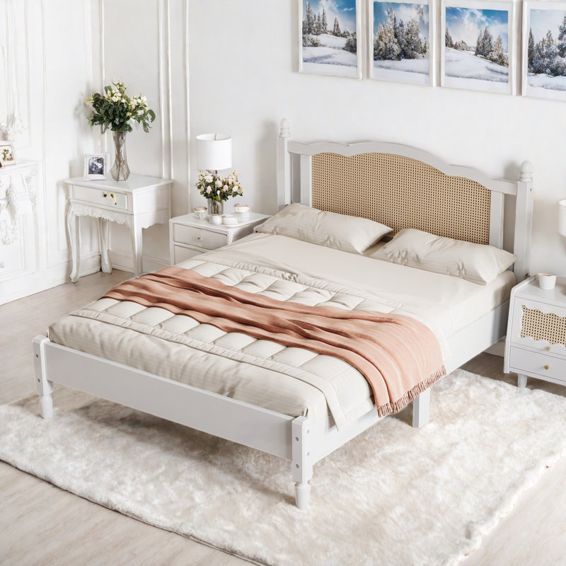 Bohemian Wooden Platform Bed With Natural Rattan Headboard And Arc Design, Black, Queen