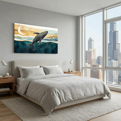 Dark Blue Whale in Gold and Teal Ocean Waves Canvas Wall Art