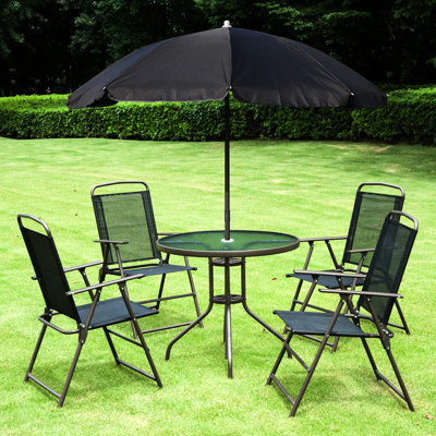 Table de patio, chaises et parasol Black Black Pliable avec coussin de siège respirant. Table ronde en verre, jardin, cour, piscine. -. Chaises l 20,25 po x P 25,25 po et H 36,5 po. H 27,25 po