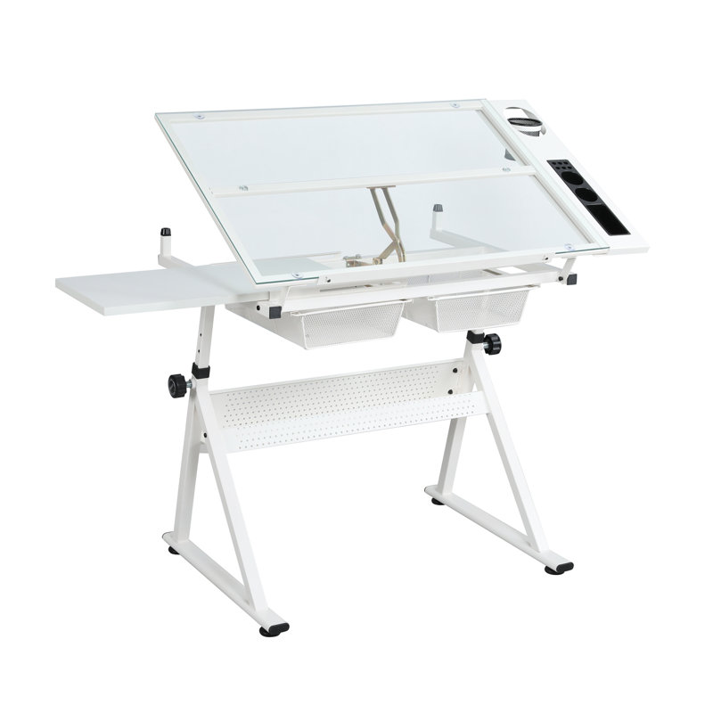 table à dessin réglable en verre trempé avec chaise, Blanc